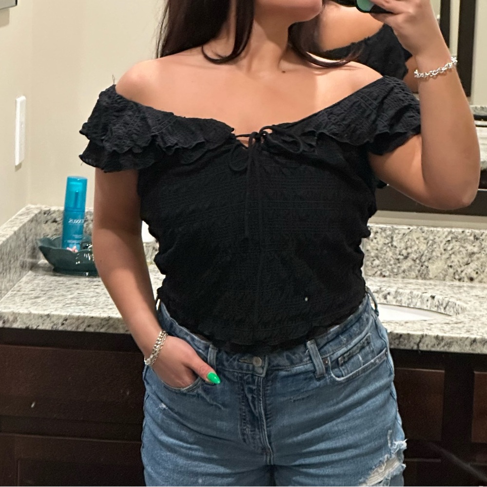 Free People Black Off-Shoulder Textured Top